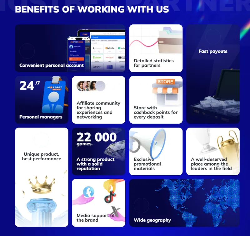 The MostBet affiliate program offers a wide range of benefits