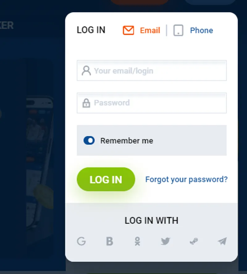 Login form for your account through the MostBet website