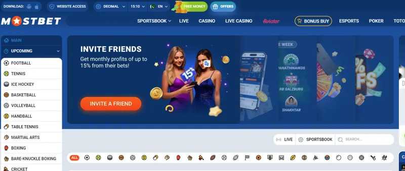 Screenshot-style overview of the Mostbet official website showing main sections like sportsbook, live casino, slots, and promotions.