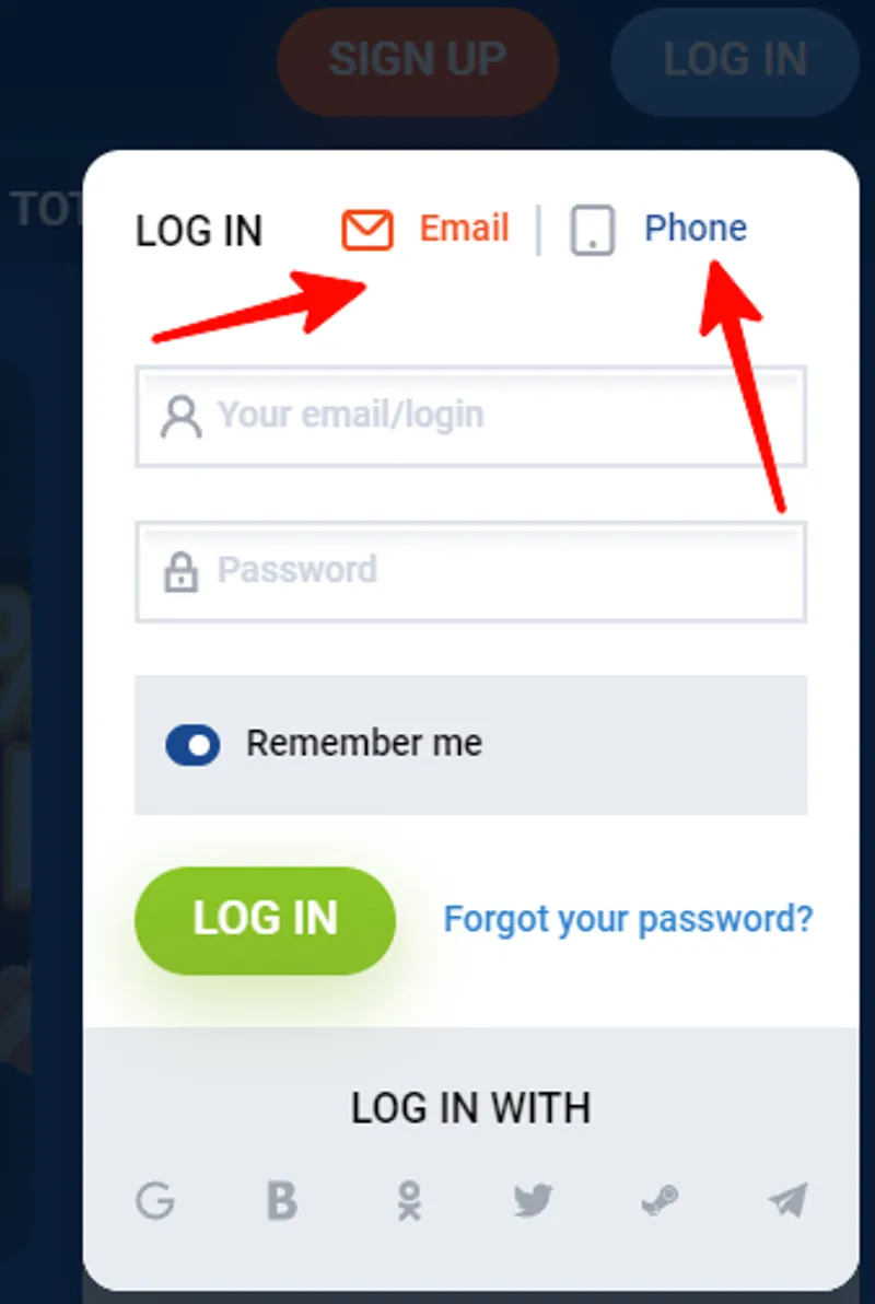 Illustration of a login screen with fields to enter phone number or email and password on the Mostbet platform.