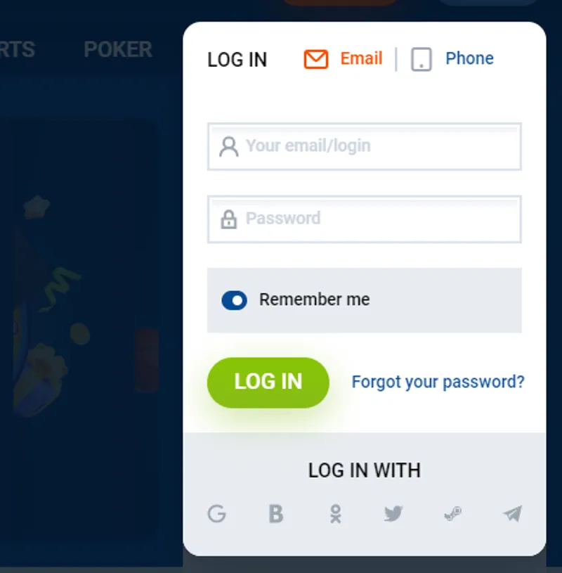 Login form for your personal account via the MostBet website