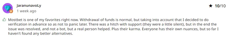 Customer feedback on the work of various MostBet services
