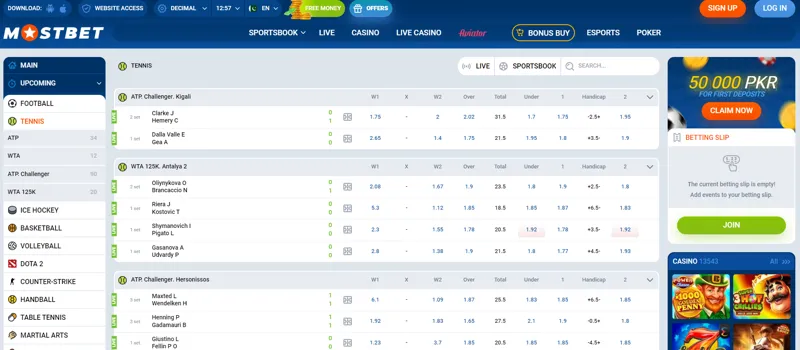 Tennis betting options at MostBet