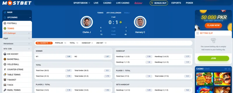 Live tennis betting at MostBet for Pakistani players